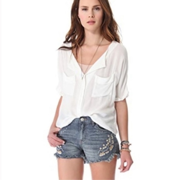 Free People Embroidered Aztec Distressed Denim Jean Shorts Cutoffs Boho 26 - Picture 2 of 10